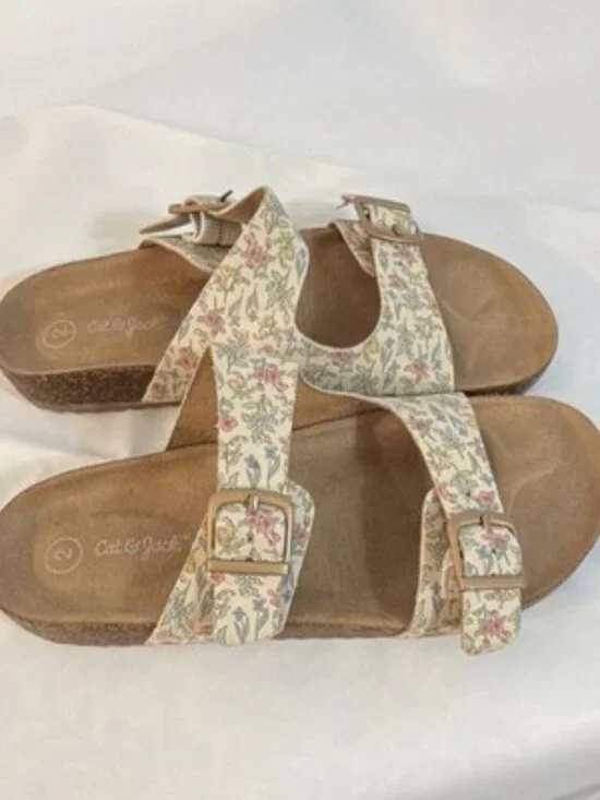 Cat & Jack Floral Buckle Slide Sandals Beige Multicolor Women's AU Size 2 - Picture 2 of 5